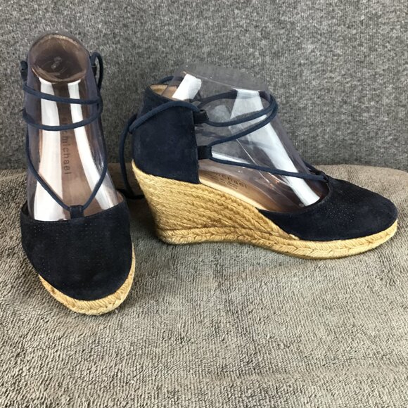 Eric Michael Handmade in Spain Sam Espadrilles Wedge Sandal Sz 38 Navy Blue - Picture 1 of 12